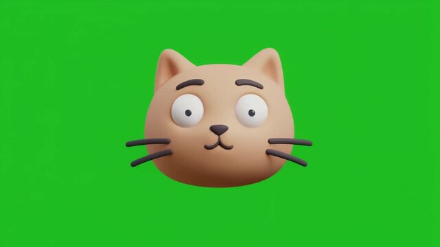 Stylized confused cat emoji head on chroma green background for reaction overlays, motion graphics, presentations, educational videos, and commercial editing.