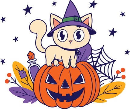 Adorable Halloween Kitten in a Witch Hat Perched on a Carved Jack-O-Lantern Pumpkin, Kawaii Vector Art with Magic Potion, Spider Web, and Stars for Spooky Seasonal Holiday Celebration