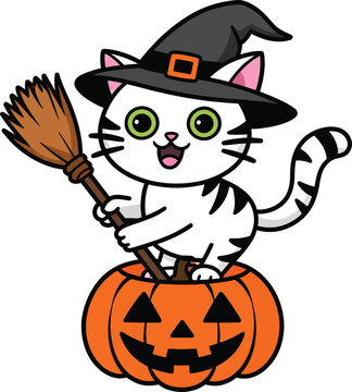 Adorable White Striped Cat Witch Wearing a Black Hat and Holding a Broomstick Sitting Inside a Spooky Halloween Pumpkin Jack-o'-Lantern Cartoon Vector Illustration for Festive Graphic Design