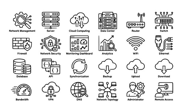 Network Management Linear Icons Set with Editable Stroke Modern Outline Vector Collection for Cloud Server Security Monitoring Web Mobile UI UX and Enterprise Systems