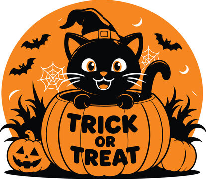 Cute Halloween Vector Illustration of a Black Cat in a Witch Hat Sitting Inside a Pumpkin with Trick or Treat Text, Bats, and Spider Webs on a Vibrant Orange Circular Background Graphic.