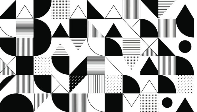 Abstract geometric pattern with black and white shapes including triangles, circles, semi-circles, and lines.