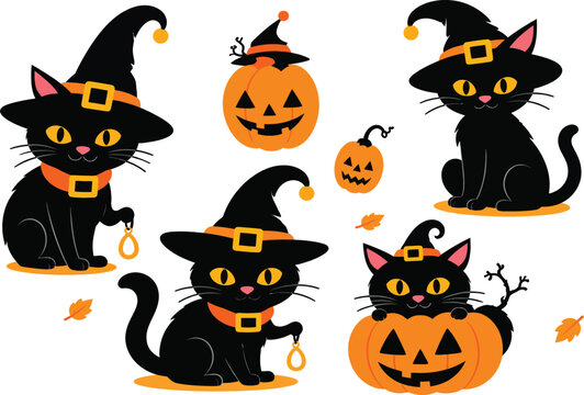 Set of Adorable Halloween Black Cats wearing Witch Hats and Jack-O-Lantern Pumpkins Vector Illustration. Perfect for Spooky Holiday Cards, Invitations, and Festive Graphic Design.