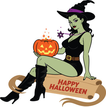 Sexy Green Witch Pin-up Vector Illustration Holding a Glowing Jack-o-Lantern Pumpkin and Sitting on a Happy Halloween Scroll Banner, Vintage Comic Book Style Character for Halloween Decor.
