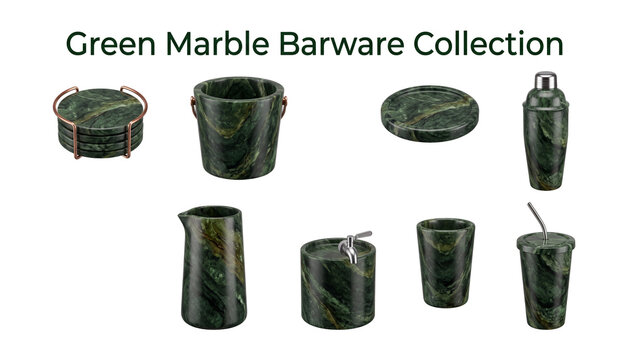 Green marble barware collection featuring coasters ice bucket and cocktail tools isolated on transparent background