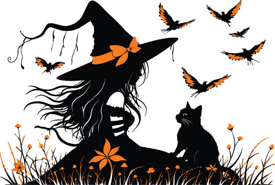 Enchanting Halloween Vector Illustration Featuring a Mysterious Witch Silhouette with a Pointed Hat, a Loyal Black Cat, and Flying Crows in a Spooky Orange and Black Color Palette.