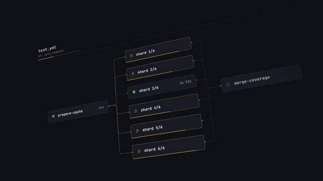 Interactive CI CD Test Shards Visualization with Dark Background, Highlighted Job Status, and Film Grain Effect for Software Development Projects