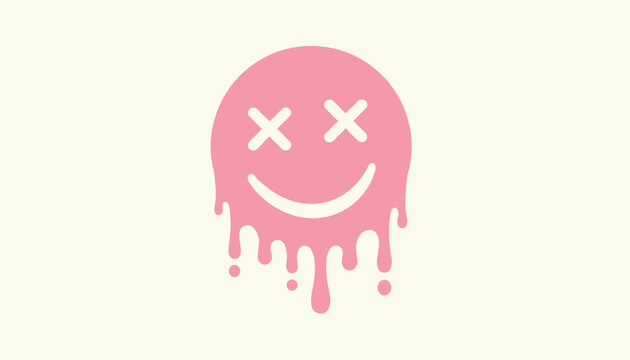 Trendy aesthetic melting pink smiley face icon with cross eyes on a clean off-white background.