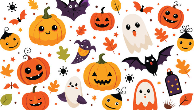 Cute Halloween Vector Illustration featuring Smiling Jack-o'-Lantern Pumpkins, Happy Ghosts, Flying Bats, and Autumn Fall Leaves. Festive Clipart Background for Holiday Cards and Party Decor.