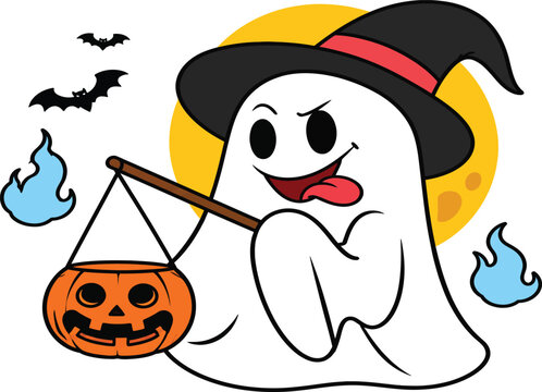Cute Halloween Ghost Vector Illustration wearing a Witch Hat and holding a Pumpkin Basket for Trick or Treat. Spooky Cartoon Character with Full Moon, Bats, and Blue Flames.