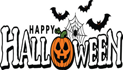 Happy Halloween Vector Illustration Featuring a Carved Pumpkin Jack-o-Lantern, Spooky Bats with Glowing Eyes, and a Spider Web. Perfect for Seasonal Greetings and Party Invitations. © Sadek