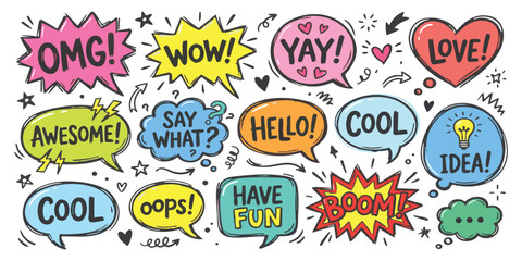 Colorful hand drawn speech bubbles with comic book style text expressions and doodle elements for design set © ZenVectors