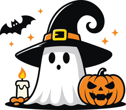 Cute Halloween Vector Illustration Featuring a Ghost in a Witch Hat, Carved Jack-o'-Lantern Pumpkin, Flying Bat, and Burning Candle - Spooky Seasonal Graphic for Party Invitations