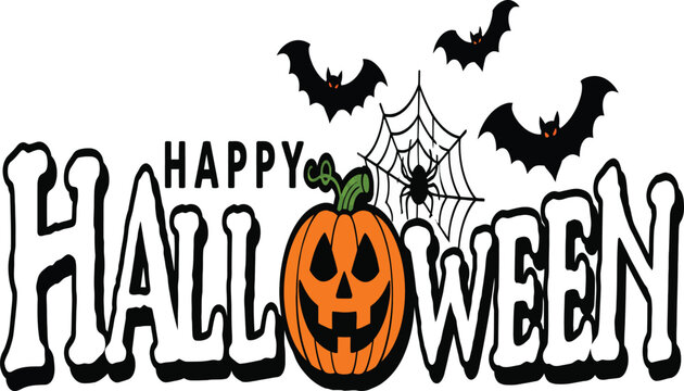 Happy Halloween Vector Illustration Featuring a Carved Pumpkin Jack-o-Lantern, Spooky Bats with Glowing Eyes, and a Spider Web. Perfect for Seasonal Greetings and Party Invitations.