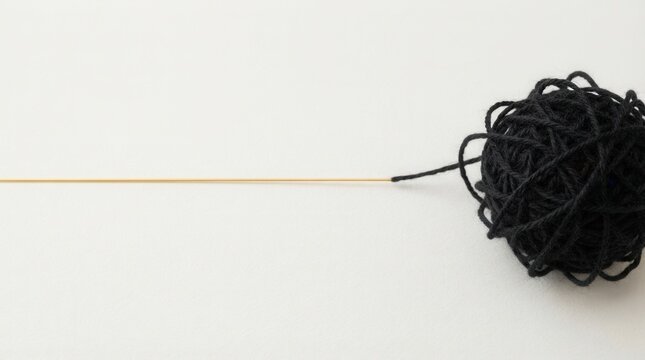 Tangled Black Yarn Ball with Unraveling Thread on White Background.