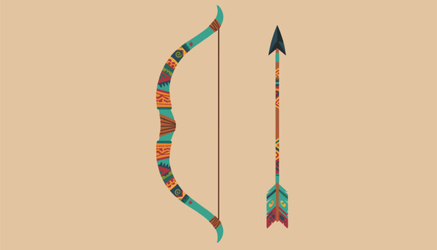 Ethnic tribal bow and arrow decorated with colorful geometric patterns in turquoise, orange, and red on a warm background.