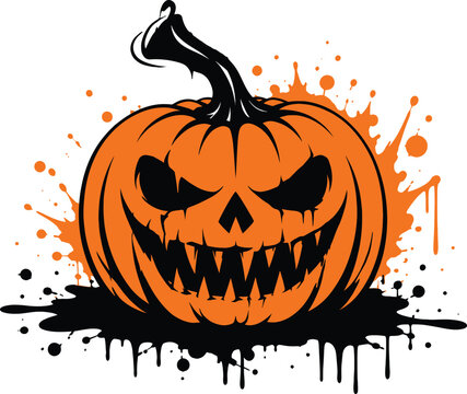 Creepy Halloween Pumpkin Vector Art with Sinister Smile and Sharp Teeth, Wicked Jack-o'-Lantern featuring Artistic Paint Splatter and Ink Splash for Spooky Party Decor and Design.