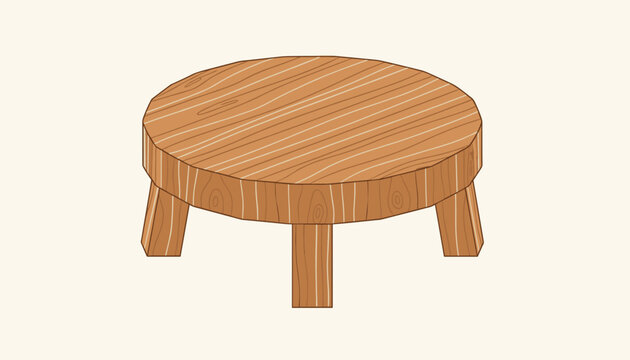 Rustic round wooden table with three sturdy legs and natural wood grain texture shown on a clean ivory backdrop.