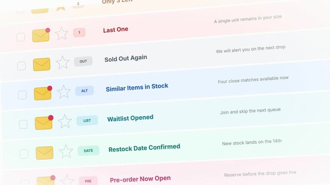 Interactive inbox notification UI showcasing back-in-stock alerts with vibrant envelope icons, warning colors, and a clean, modern layout in soft pastel shades for an engaging user experience.