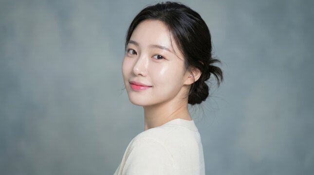 Portrait of a beautiful young asian woman with natural makeup and dark hair posing against a simple grey studio background