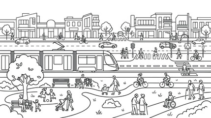 Fototapeta premium Urban park scene with people enjoying activities and city transportation.