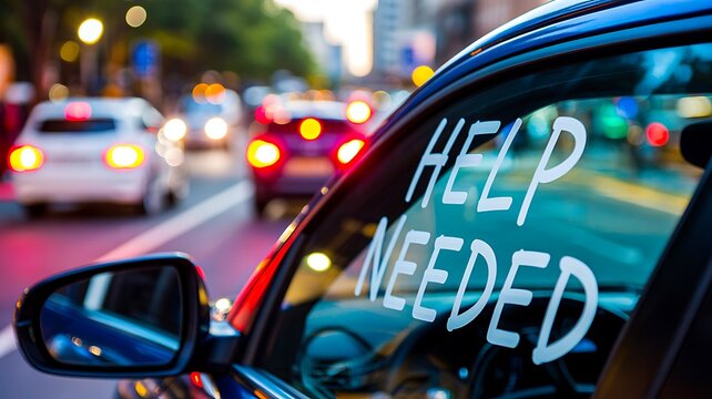 Help needed message displayed on car window during traffic emergency situation