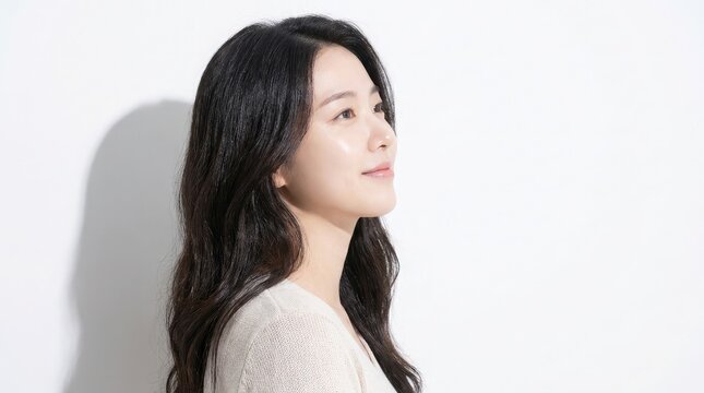 A beautiful young asian woman with long dark hair looking away while posing against a clean white studio background portrait