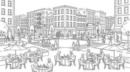 Obraz premium City street scene with people walking and dining at outdoor cafe tables.