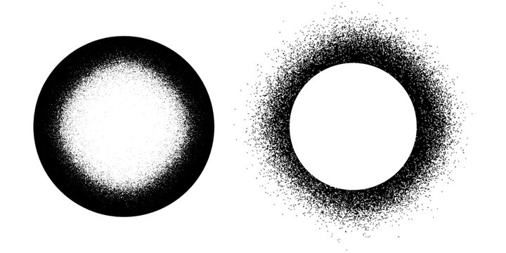 Grainy noise circles vector set. Dot grain texture circles. Spray texture sand and dissolving circles. Abstract black spheres with gradient stipple pattern.  Vector illustration