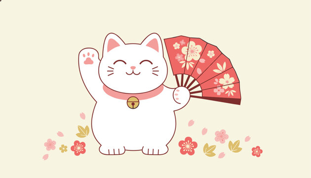 Traditional Japanese maneki neko lucky cat holding a red fan and waving hand surrounded by cherry blossom petals.
