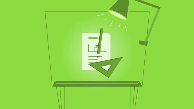 Architectural Blueprint Document on Green Drafting Table with Ruler and Lamp 2D Animation