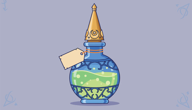 Mysterious glass potion bottle containing glowing green liquid with bubbles and a blank tag on a purple background.