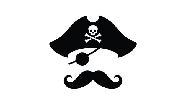 Classic pirate icon set featuring a black bicorn hat with skull and crossbones, an eyepatch, and a curly mustache.
