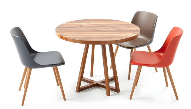 Contemporary round teak dining table with splayed tripod legs, paired with dark gray and dark red modern chairs, white studio backdrop.