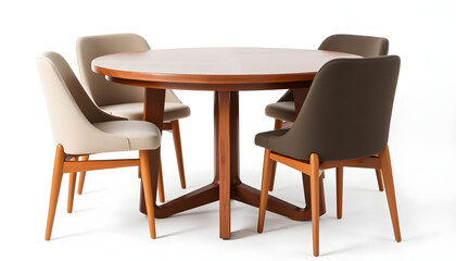 Fototapeta premium Large round dark wood dining table set with curved cross-pedestal base, dark modern upholstered chairs, bright high-key white background, studio photography layout.