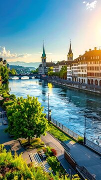 Sunlit Historic Riverside Cityscape with Church Towers Along Calm River in Zurich