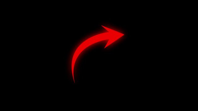 Vibrant red arrow design with a  up curve, suggesting interaction, expansion, or a directional cue in a modern digital context, set against a black background 4k video.