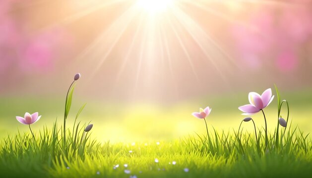 Sunny spring meadow with blooming flowers