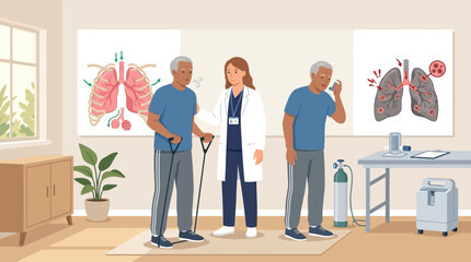 Fototapeta premium Pulmonology Clinic: Doctor with Patients Exercising and Using Inhaler