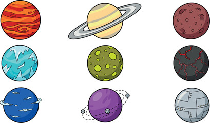 Solar System Planets and Alien Galaxy World Space Vector Icon Set with Saturn Rings Moons Volcanoes and Gas Giants for Sci Fi Game Designs © MSTNusrat