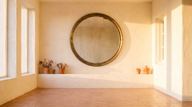 Warm plaster room with a round brass mirror and terracotta tiles