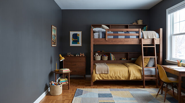 Children bedroom with wooden bunk beds and study desk
