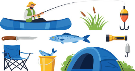 Outdoor Camping and Fishing Vector Set with Fisherman in Canoe, Camping Tent, Fish Bucket, Folding Chair, and Angling Equipment Graphic Illustrations © MSTNusrat