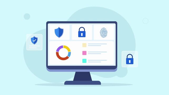 Flat vector animated desktop monitor displaying a cybersecurity dashboard with protection, authentication, security analytics, and workflow interface. Ideal for business, security, and technology moti