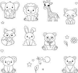 Obraz premium Black and white coloring page featuring cute baby animals and decorative shapes