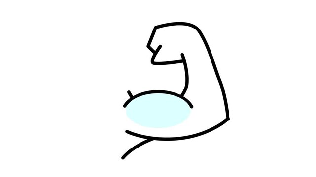 A simple hand drawn outline illustration of a strong flexed muscular arm symbolizing strength power fitness and physical energy on white background