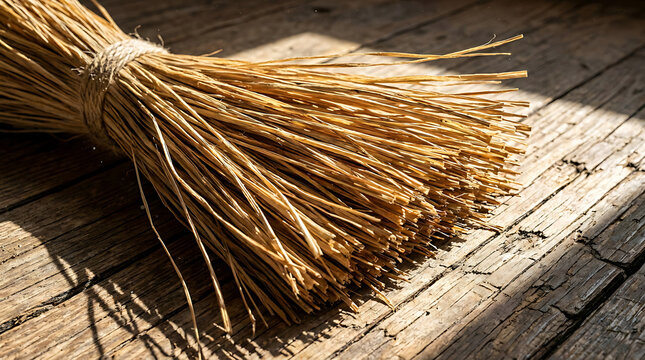 A bundle of dried raffia fibers tied with twine rests on a rustic wooden surface bathed in natural sunlight