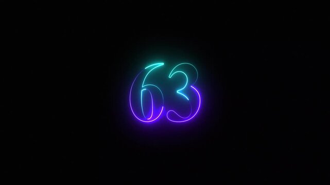 Neon glowing number 63 animation with vibrant blue and purple light trails on dark background sixty-three