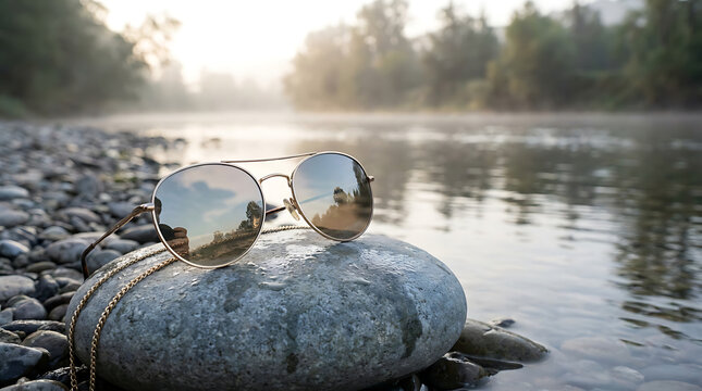 Aviator sunglasses resting on a grey river stone with reflections of the sky and trees on the lenses