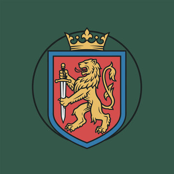 Powerful lion rampant with a sword, crowned and stylized within a shield, representing royalty, strength, and valor.